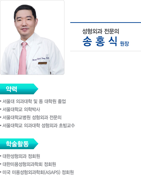 성형외과 전문의 송홍식 원장 • 약력 - 서울대 의과대학 및 동 대학원 졸업 - 서울대학교 의학박사 - 서울대학교병원 성형외과 전문의 - 서울대학교 의과대학 성형외과 초빙교수 • 학술활동 - 대한성형외과 정회원 - 대한미용성형외과학회 정회원 - 미국 미용성형외과학회(ASAPS) 정회원